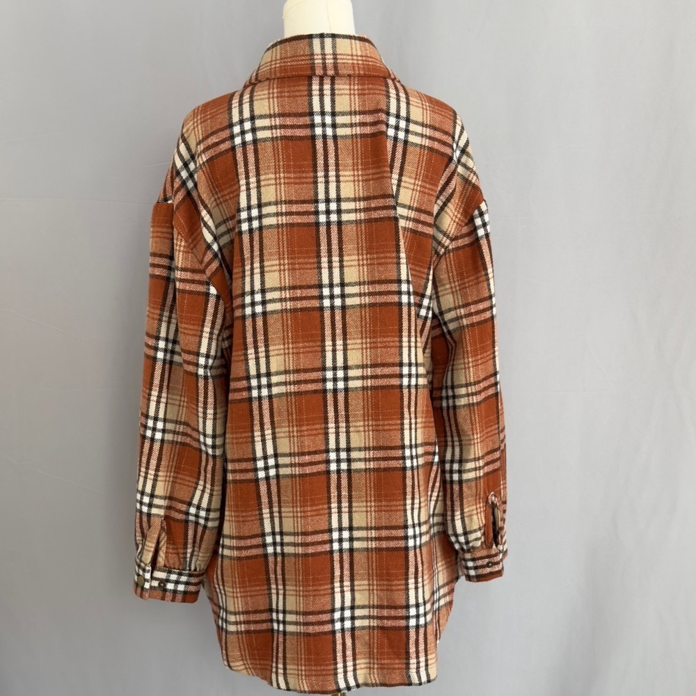 Rust & cream plaid flannel shacket. Cozy, classic, & perfect for layering - Picture 3 of 4